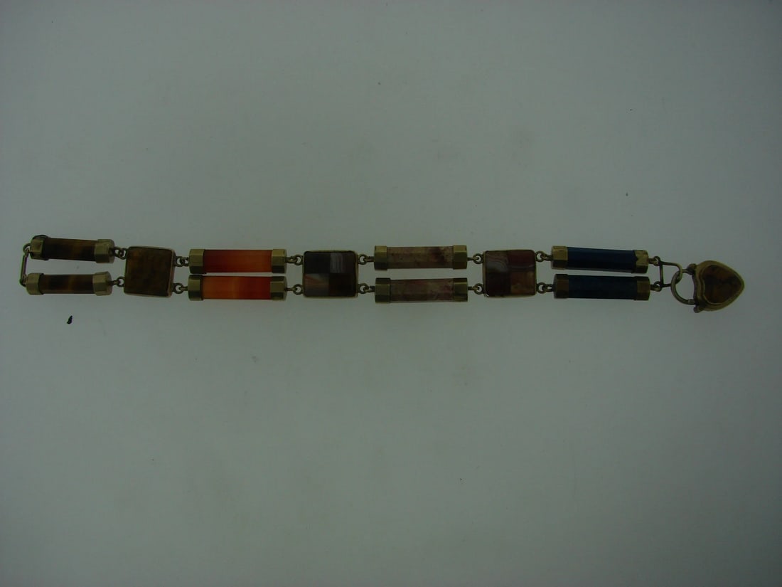 SCOTTISH 14K GOLD SILVER NATURAL STONE STRAND BRACELET LOCKER CHARM - 2