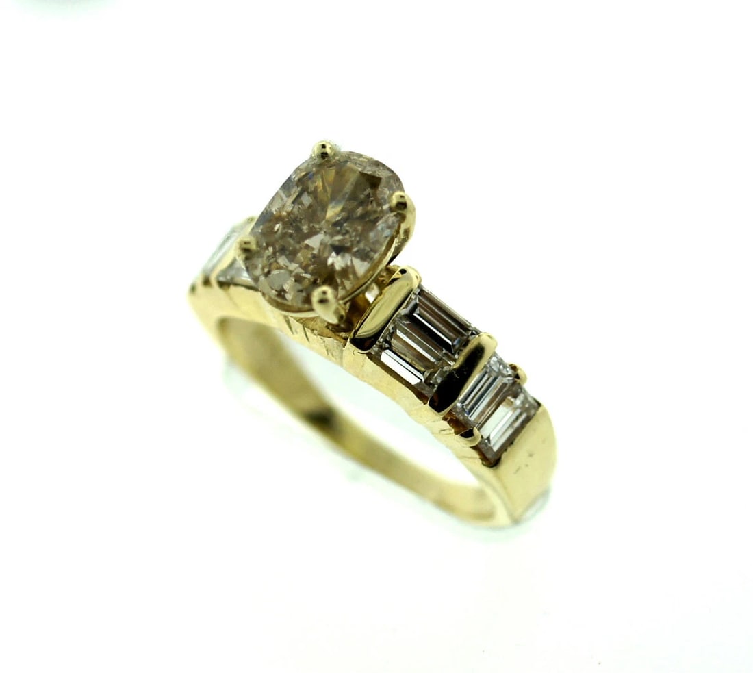 14K YELLOW GOLD C.1935 BROWN DIAMOND & BAQUETTE DIAMOND RING ENGAGEMENT 1.80 CT (1 of 1)