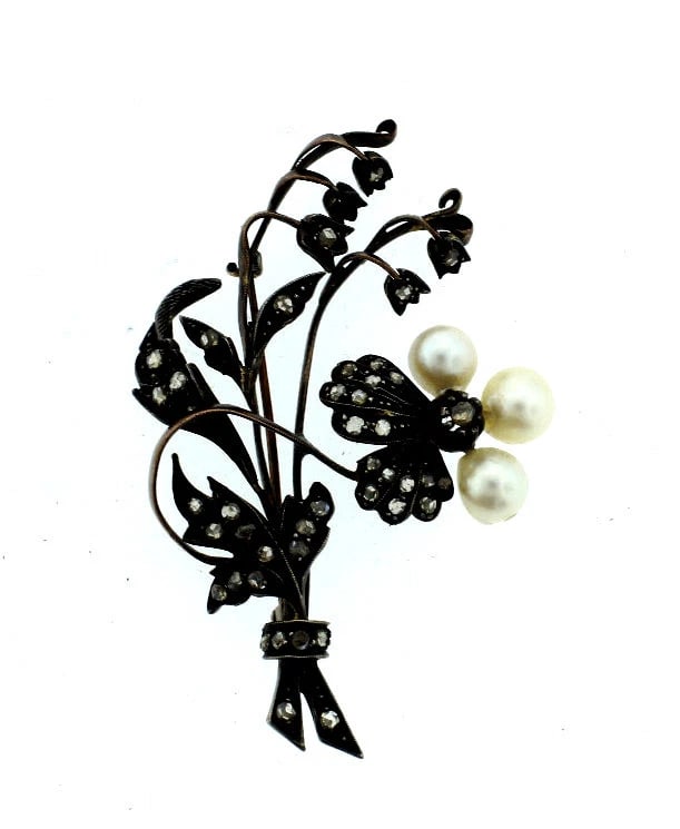 VICTORIAN C.1900 ANTIQUE 12K 14K GOLD SILVER ROSE CUT DIAMOND PEARL BROOCH PIN (1 of 1)