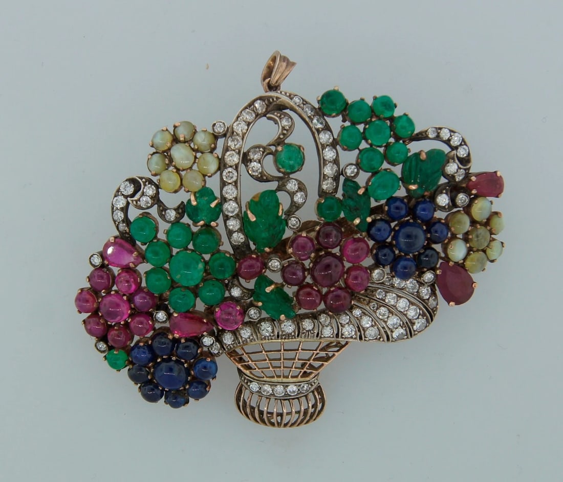 Art Deco TUTTI-FRUTTI PENDANT PIN BROOCH DIAMOND GEMSTONE SILVER GOLD 1910s Fab - 2