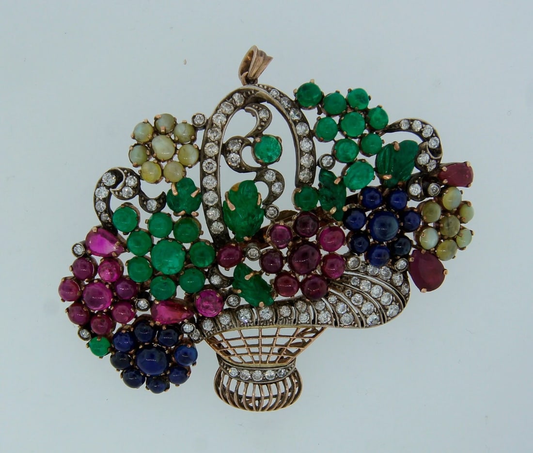 Art Deco TUTTI-FRUTTI PENDANT PIN BROOCH DIAMOND GEMSTONE SILVER GOLD 1910s Fab - 3