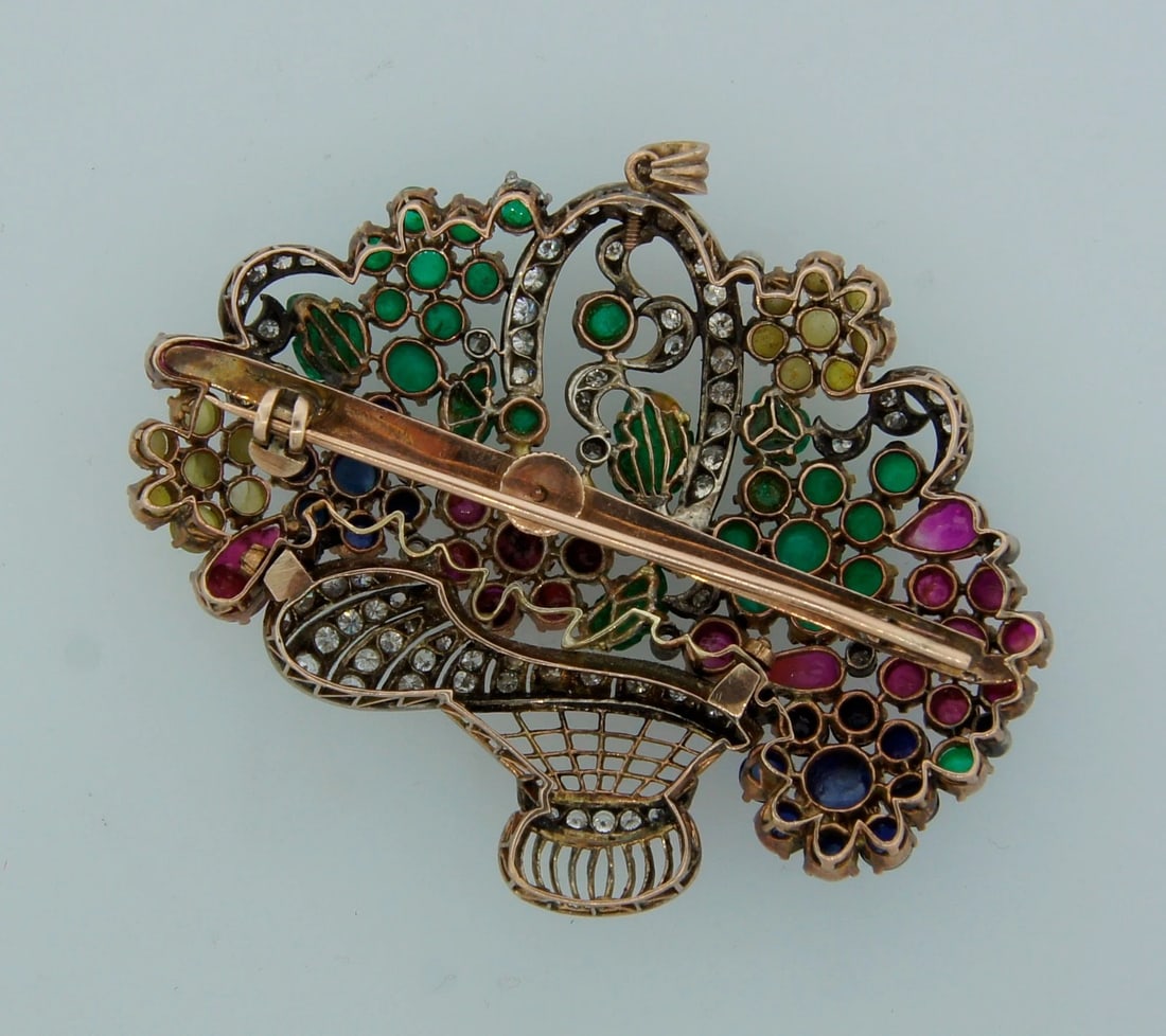 Art Deco TUTTI-FRUTTI PENDANT PIN BROOCH DIAMOND GEMSTONE SILVER GOLD 1910s Fab - 4