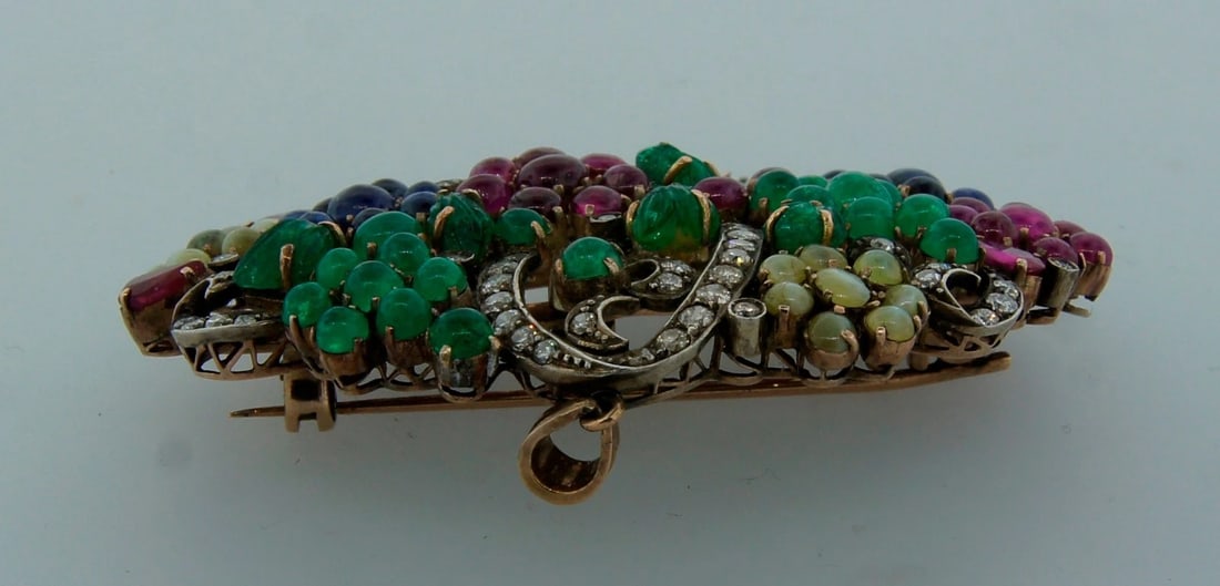 Art Deco TUTTI-FRUTTI PENDANT PIN BROOCH DIAMOND GEMSTONE SILVER GOLD 1910s Fab - 6