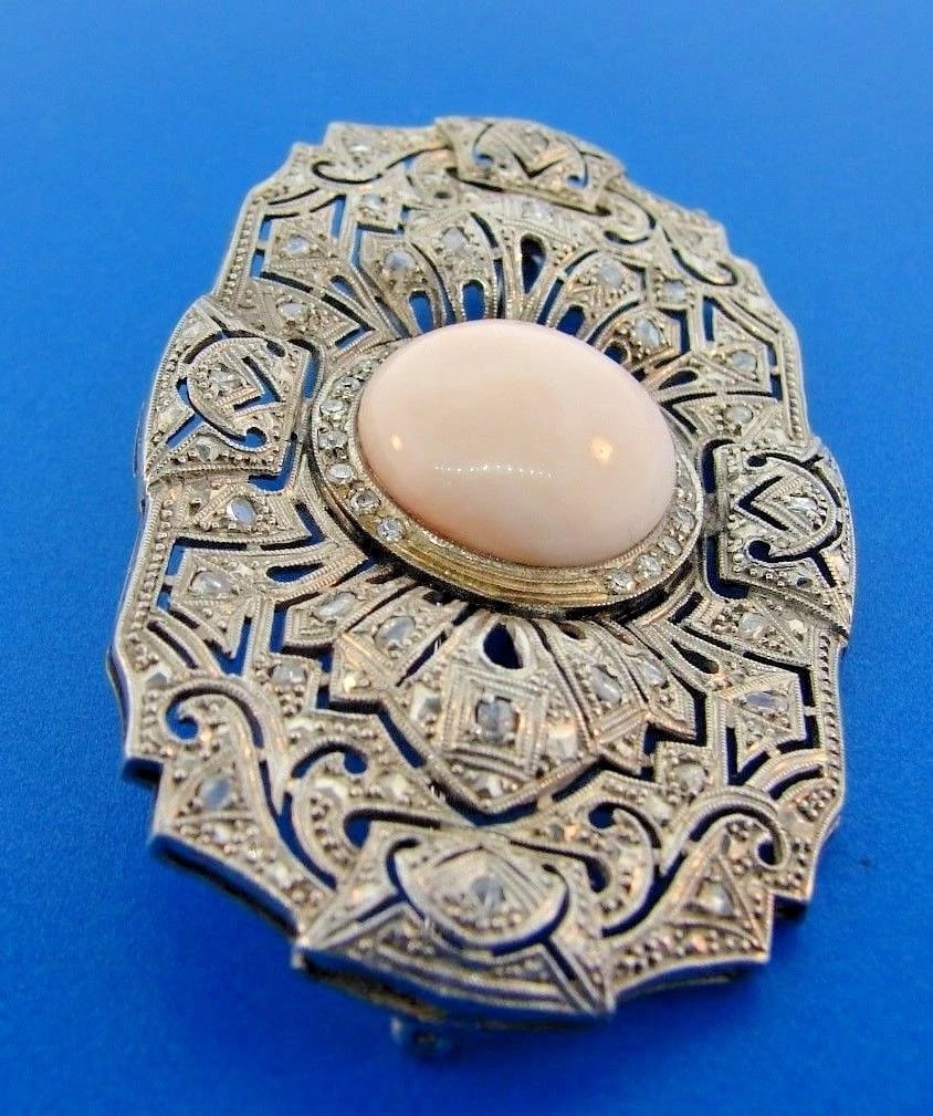 ART DECO Platinum, Angel Skin Coral & Diamond Brooch Circa 1920s - 2