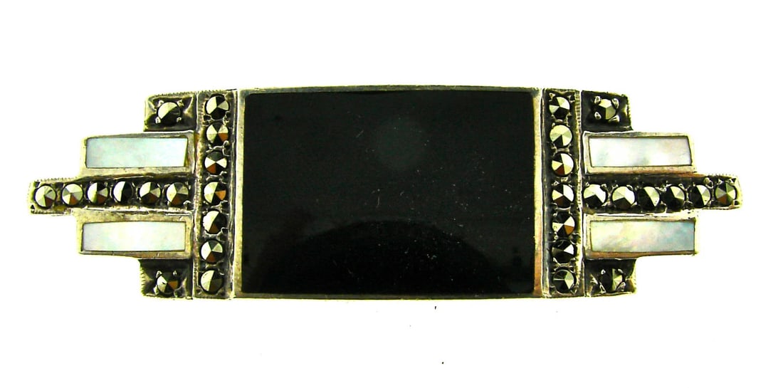 EUROPEAN Sterling Silver, Onyx, Mother of Pearl & Marcasite Pin Circa 1920s!: Title: EUROPEAN Sterling Silver, Onyx, Mother of Pearl & Marcasite Pin Circa 1920s!Description: Sterling Silver, Onyx, Mother of Pearl & Marcasite Pin Circa 1920s! This wonderful pin is one of a