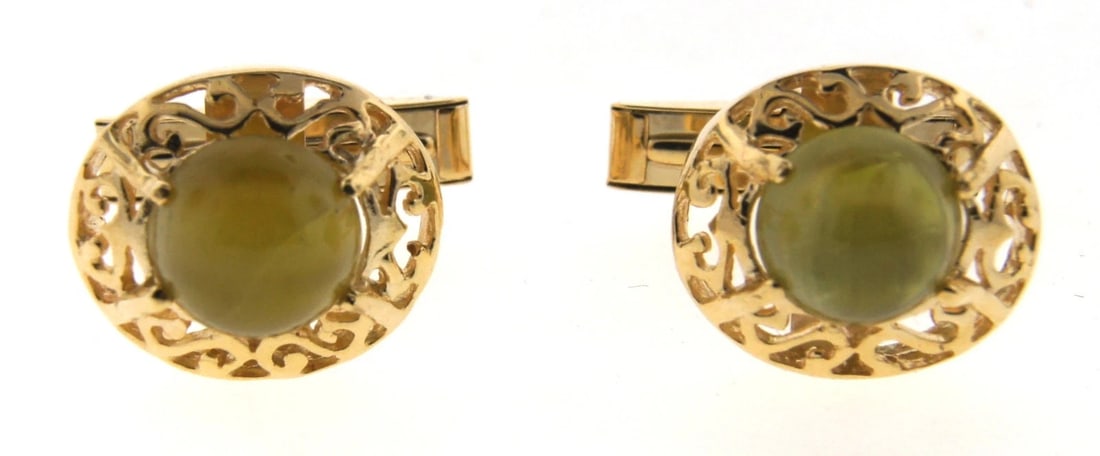 UNIQUE 14k Yellow Gold & Cat Eye Chrysoberyl Cufflinks Circa 1990! (1 of 1)