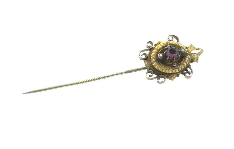 C.1900 VICTORIAN STICK PIN AMETHYST SEED PEARL 10K YELLOW GOLD - 2