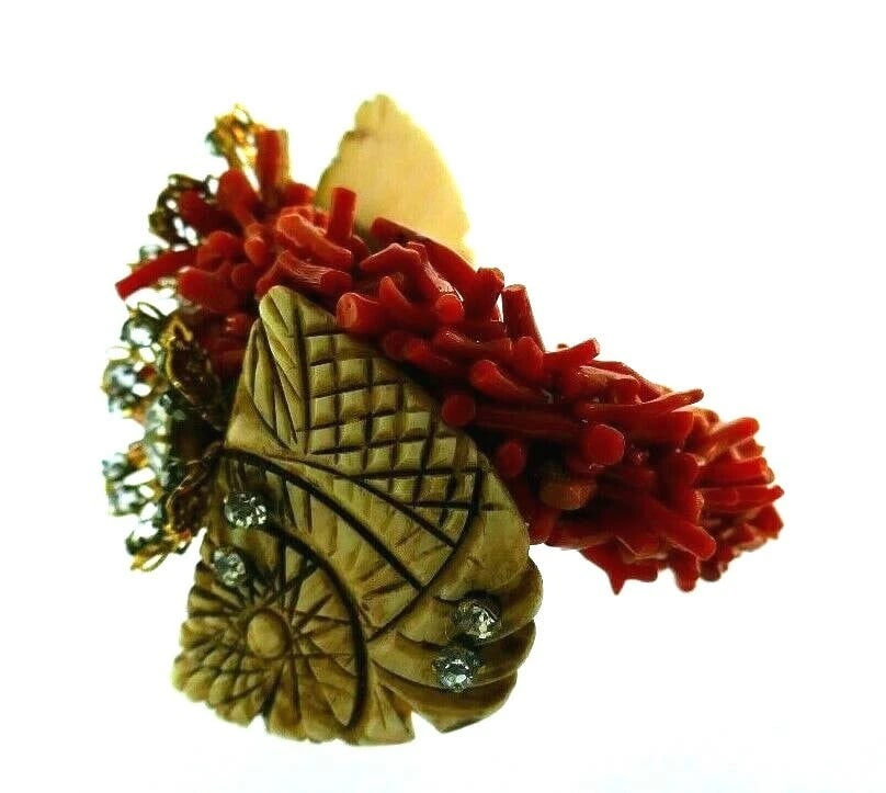 MIRIAM HASKELL Coral, Gold Plate & Rhinestone Bracelet Vintage - 3