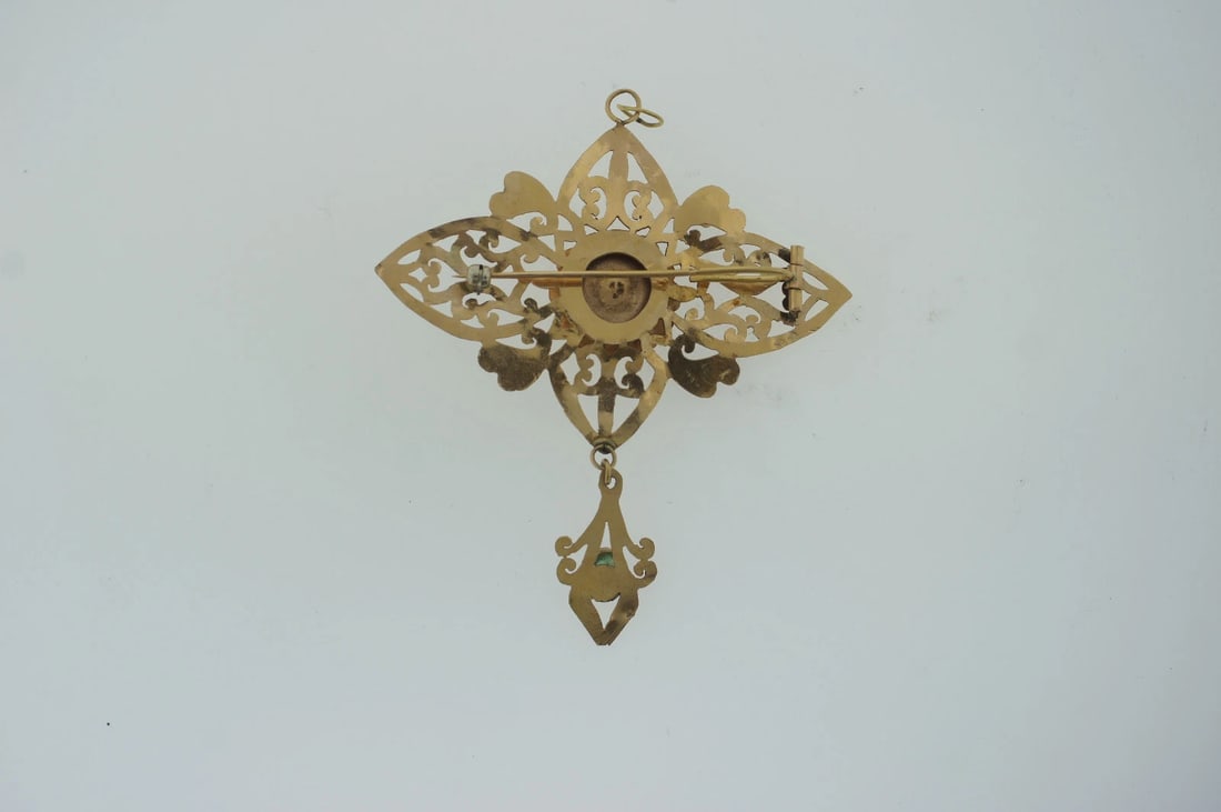 C.1900 VICTORIAN FRENCH JADE 18K YELLOW GOLD PIN BROOCH ANTIQUE - 4