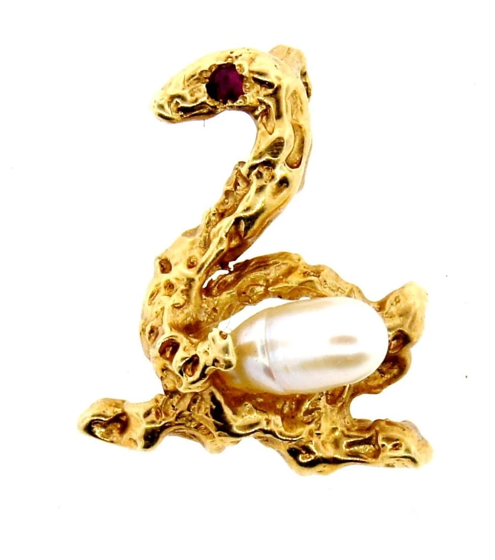 CUTE 14k Yellow Gold, Ruby & Pearl Monkey & Swan Charm (1 of 1)