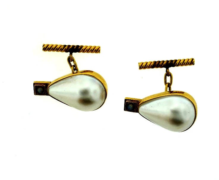 VINTAGE 18K YELLOW GOLD MOBE PEARL CUFFLINKS STAMPED (1 of 1)