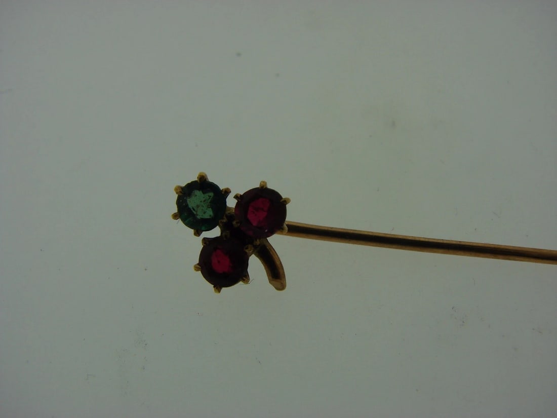 VINTAGE 14K YELLOW GOLD RUBY EMERALD FLOWER STICK PIN - 2