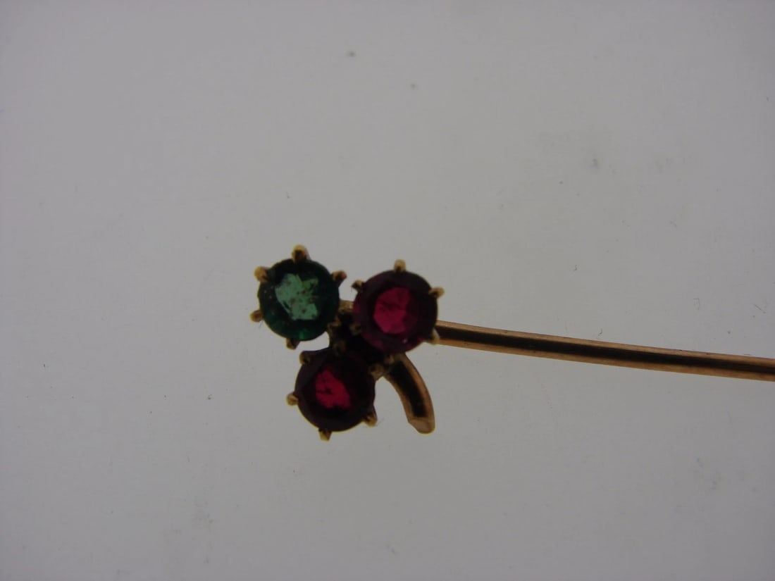 VINTAGE 14K YELLOW GOLD RUBY EMERALD FLOWER STICK PIN - 3