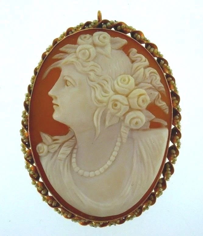 14k Yellow Gold Seed Pearl Carved Cameo Pendant / Pin (1 of 6)