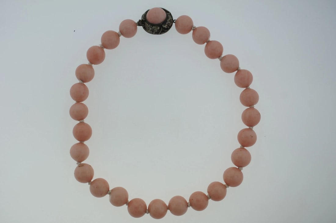 C.1900 VICTORIAN CHOKER SILVER CLASP BEAD NECKLACE WITH ONE CORAL - 6