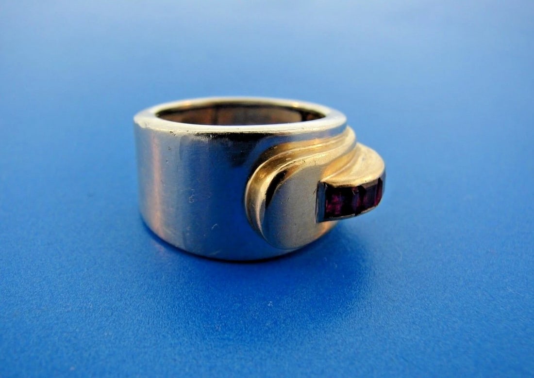 RETRO 18k Yellow Gold, Silver & Ruby Ring - 5