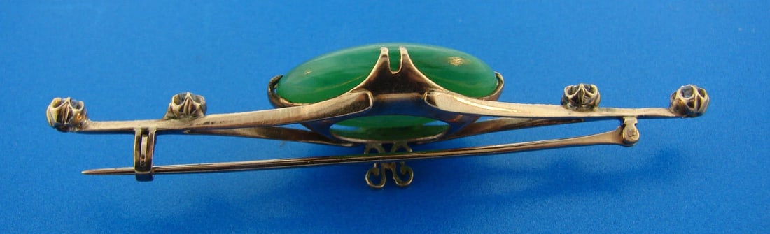 RARE 14k Rose Gold, Diamond & Apple Jade Brooch - 2