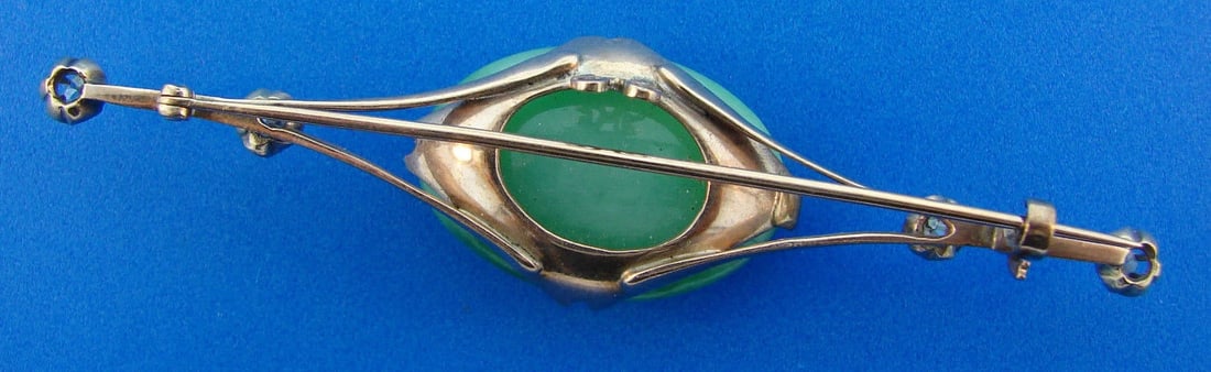RARE 14k Rose Gold, Diamond & Apple Jade Brooch - 3
