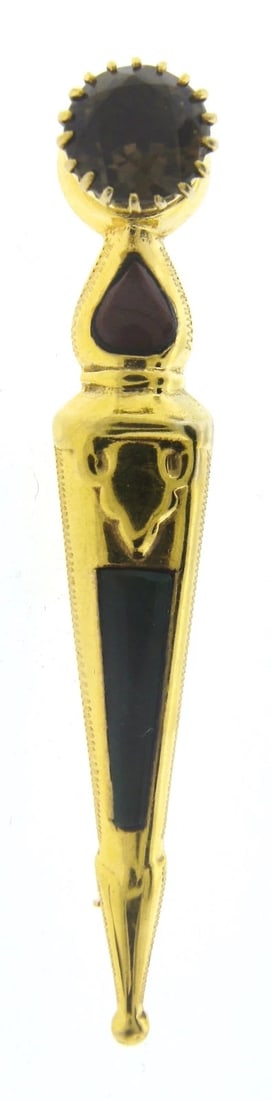 GORGEOUS 9k Yellow Gold, Topaz, Green Agate & Cornelian Tie Pin Circa 1950s!: Title: GORGEOUS 9k Yellow Gold, Topaz, Green Agate & Cornelian Tie Pin Circa 1950s!Description: 9k Yellow Gold, Topaz, Cornelian & Green Agate Tie Pin Circa 1950s! This wonderful pin is one of a