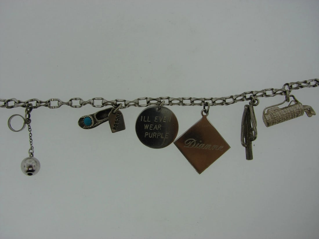 VINTAGE STERLING SILVER CHARM CHAIN LINK BRACELET TUCSON GOLF SHOES TURQUOISE - 2