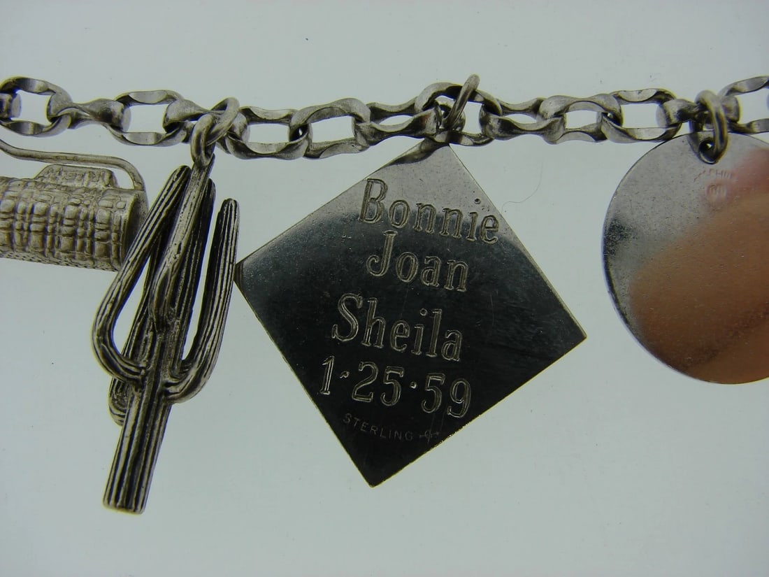 VINTAGE STERLING SILVER CHARM CHAIN LINK BRACELET TUCSON GOLF SHOES TURQUOISE - 3