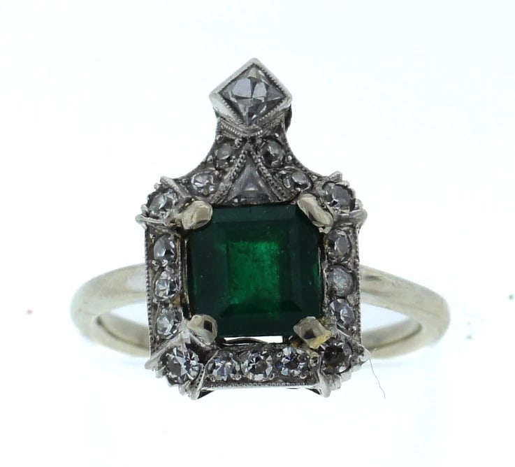 ART DECO C.1920 PLATINUM NATURAL COLUMBIAN EMERALD DIAMOND RING ENGAGEMENT - 2