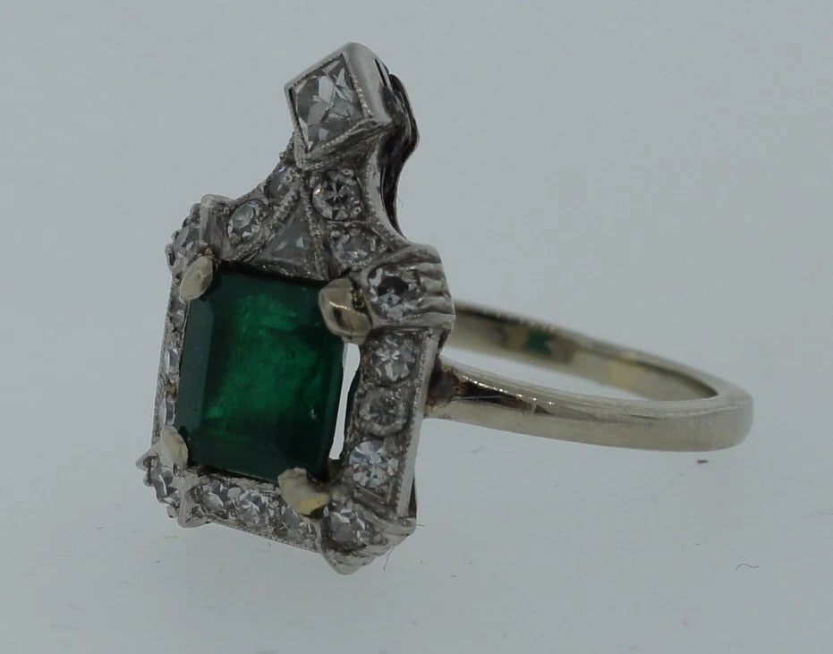 ART DECO C.1920 PLATINUM NATURAL COLUMBIAN EMERALD DIAMOND RING ENGAGEMENT - 4