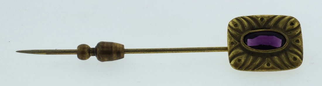 ART NOUVEAU C.1910 18K MATTE YELLOW GOLD AMETHYST STICK PIN - 2