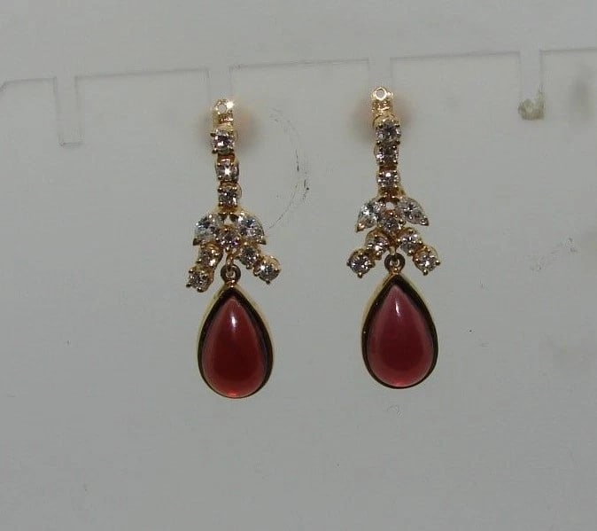 14K YELLOW GOLD DIAMOND GARNET DANGLE GORGEOUS EARRINGS STAMPED - 5