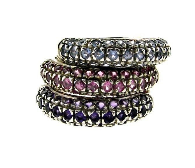 GORGEOUS Trio of 18k White Gold, Sapphire & Amethyst Bands Circa 1980s!: Title: GORGEOUS Trio of 18k White Gold, Sapphire & Amethyst Bands Circa 1980s!Description: 18k White Gold, Sapphire, Pink Sapphire & Amethyst Trio of Bands Circa 1980s! This wonderful trio of bands