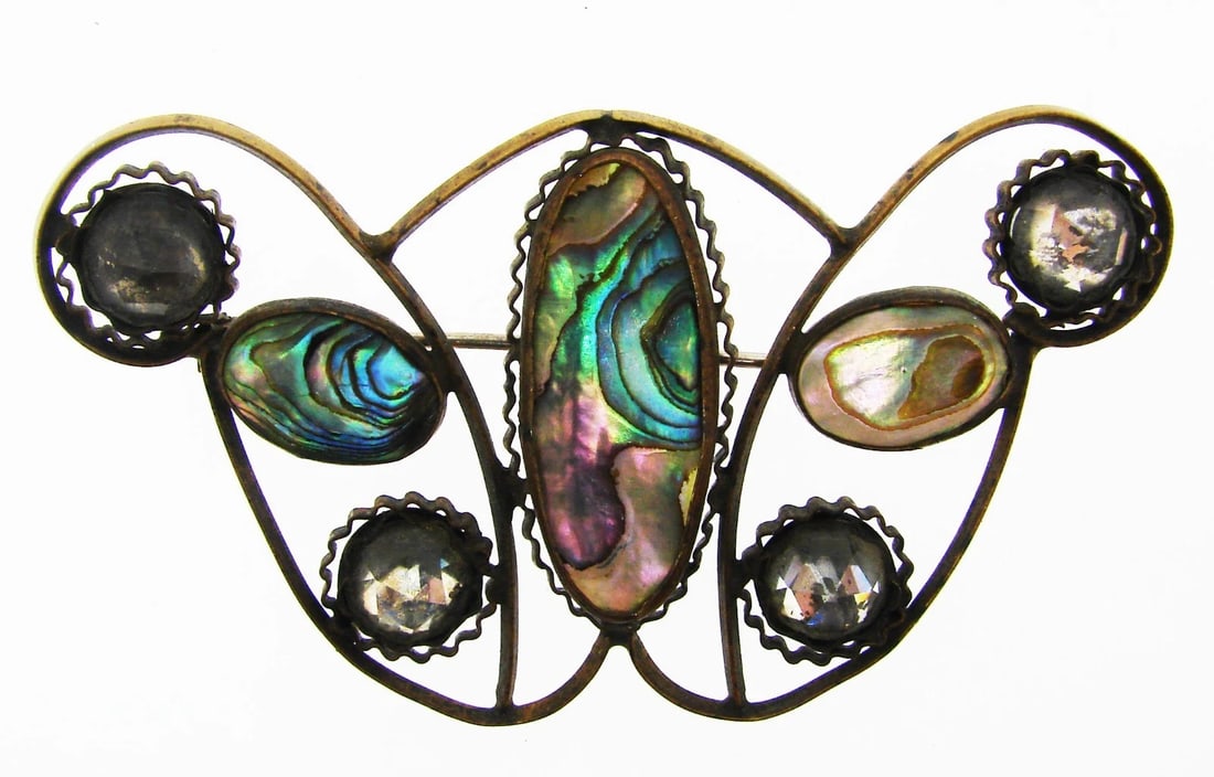 ARTS & CRAFTS Metal, Glass & Mother of Pearl Butterfly Pin! (1 of 1)