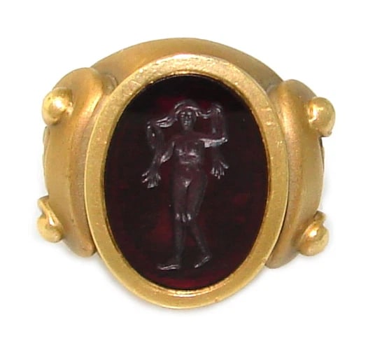KIESELSTEIN-CORD CARVED ART GLASS INTAGLIO & GOLD RING - Unisex! Bold! Fun!: Title: KIESELSTEIN-CORD CARVED ART GLASS INTAGLIO & GOLD RING - Unisex! Bold! Fun! Description: Kieselstein-Cord Carved Art Glass & 18k Yellow Gold Intaglio Ring Barry Kieselstein-Cord – hot, bi