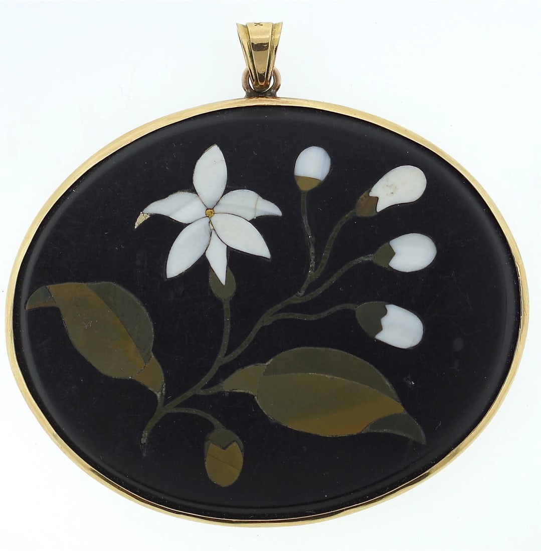 PIETRA DURA 18K YELLOW GOLD C.1950 PENDANT. MARKED. FLOWER COLORED STONES - 7