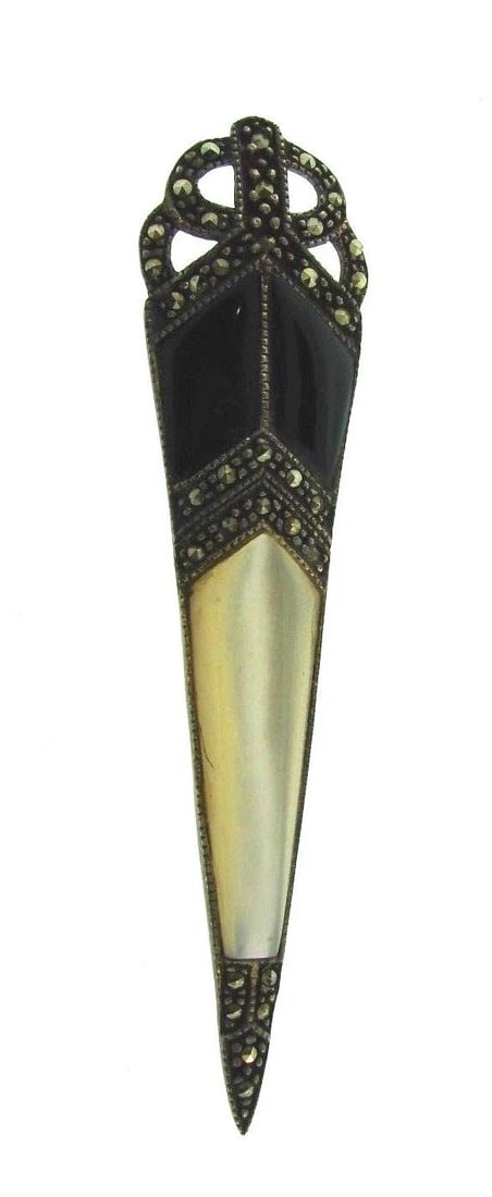 GORGEOUS Sterling Silver, Mother of Pearl, Onyx & Marcasite Brooch (1 of 2)