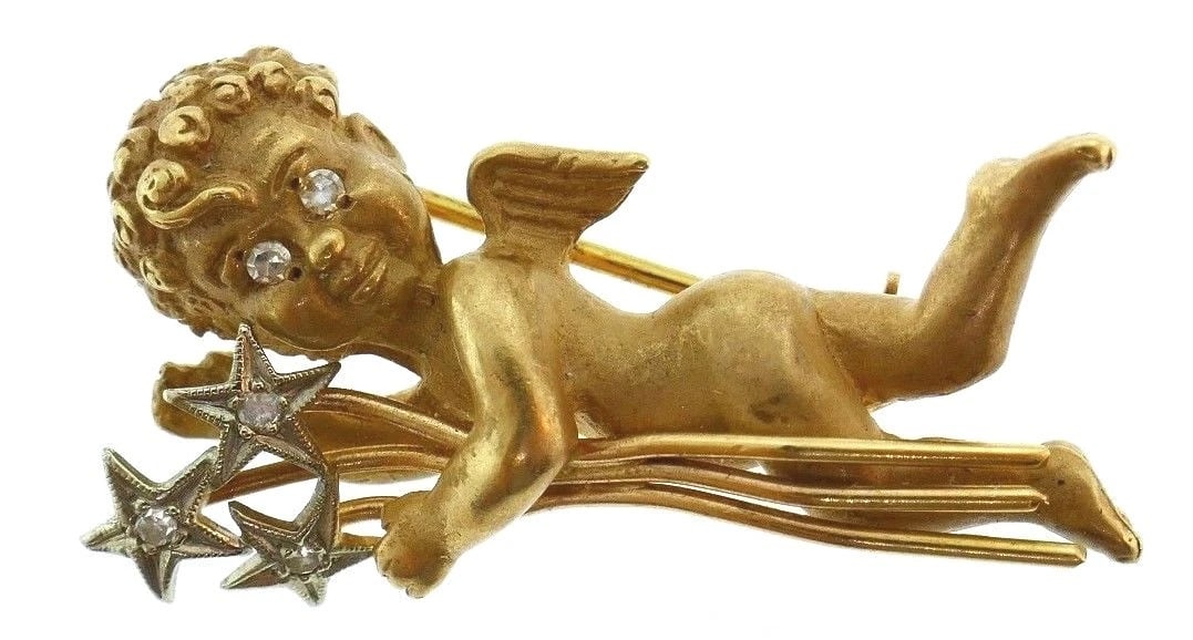 14K YELLOW GOLD CHERUB DIAMOND PIN BROOCH ANGEL THEMED JEWELRY W/STARS: Title: 14K YELLOW GOLD CHERUB DIAMOND PIN BROOCH ANGEL THEMED JEWELRY W/STARS Description: 1960’s 14K Yellow Gold Single Cut Diamonds Cherub Angel Pin Brooch · Weight: 7.5 g · Material