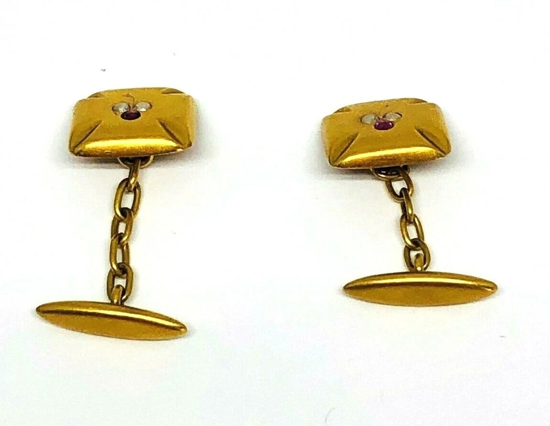 Vintage 18K Yellow Gold Pearl Ruby Square Cufflinks - 6