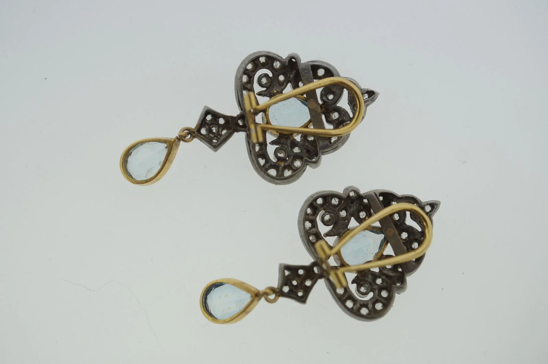 14K GOLD SILVER ROSE CUT DIAMOND AQUAMARINE EARRINGS CLIP ON C1950 VINTAGE - 6