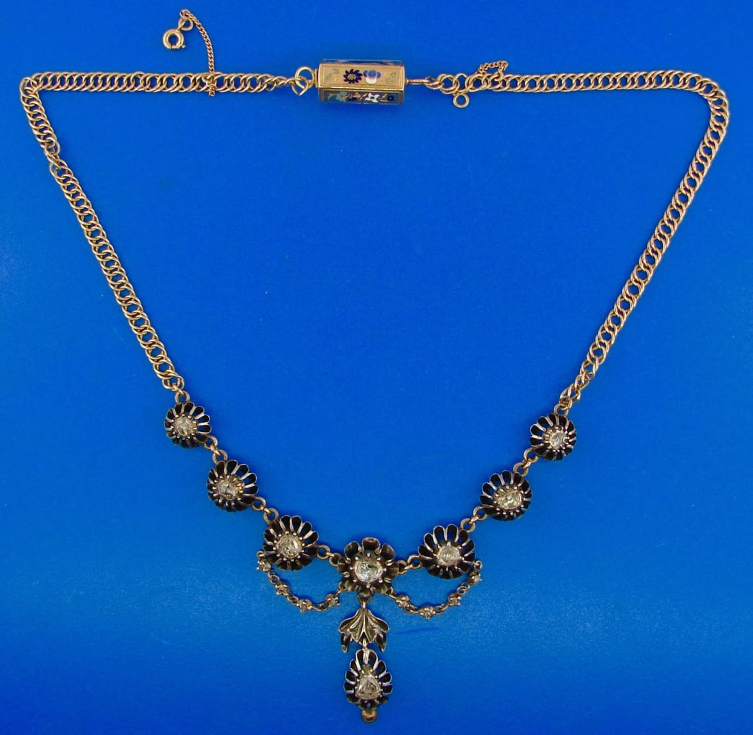 Victorian 18k Yellow Gold Enamel Rose Cut Diamond and Silver Flower Necklace (1 of 5)