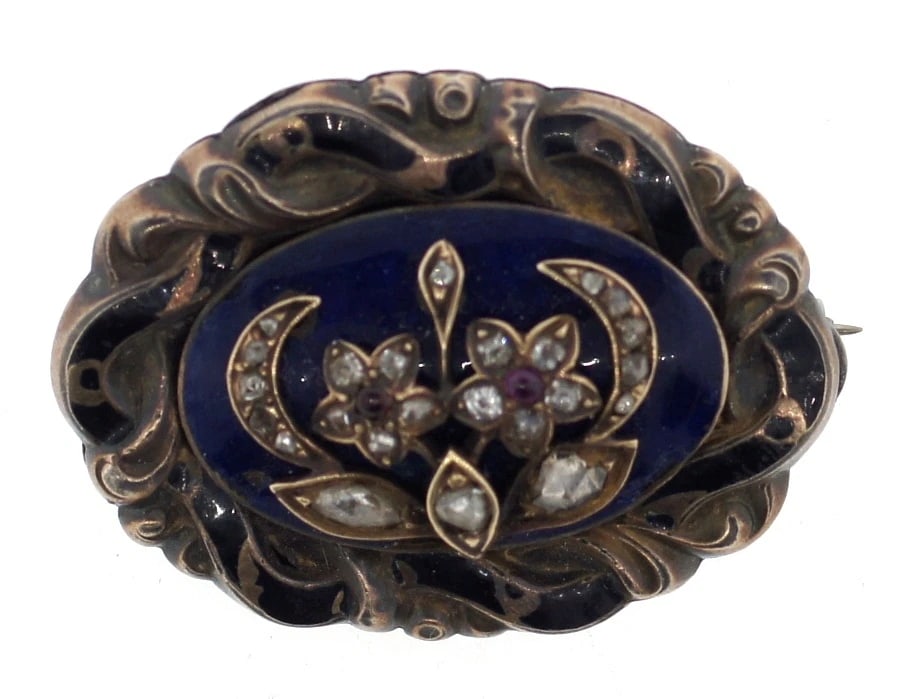 AMAZING Georgian 14k WG, Silver, Rose Cut Diamond & Enamel Brooch Circa 1850! (1 of 2)