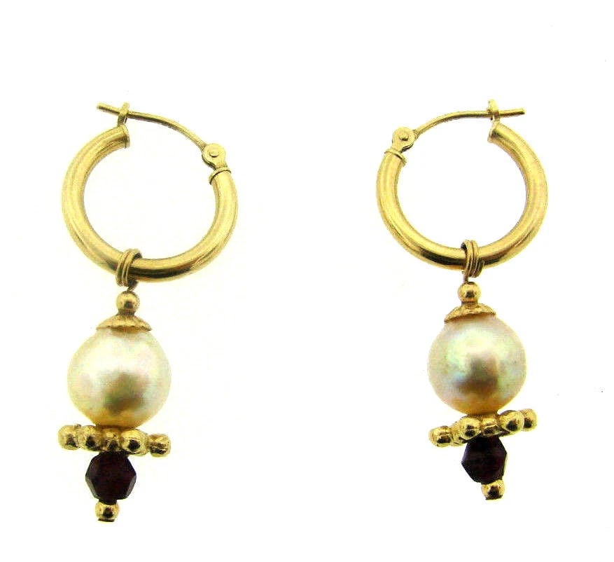 HILARY BEANE 14K YELLOW GOLD HOOP TWO IN ONE STYLES DANGLE EARRINGS PEARL GARNET (1 of 1)
