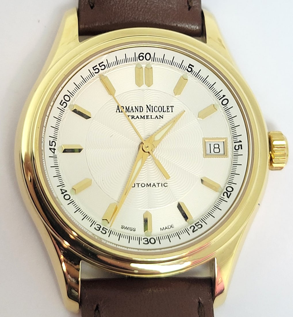 Men's Solid 18k ARMAND NICOLET Tramelan Automatic Date Watch* EXLNT - 8