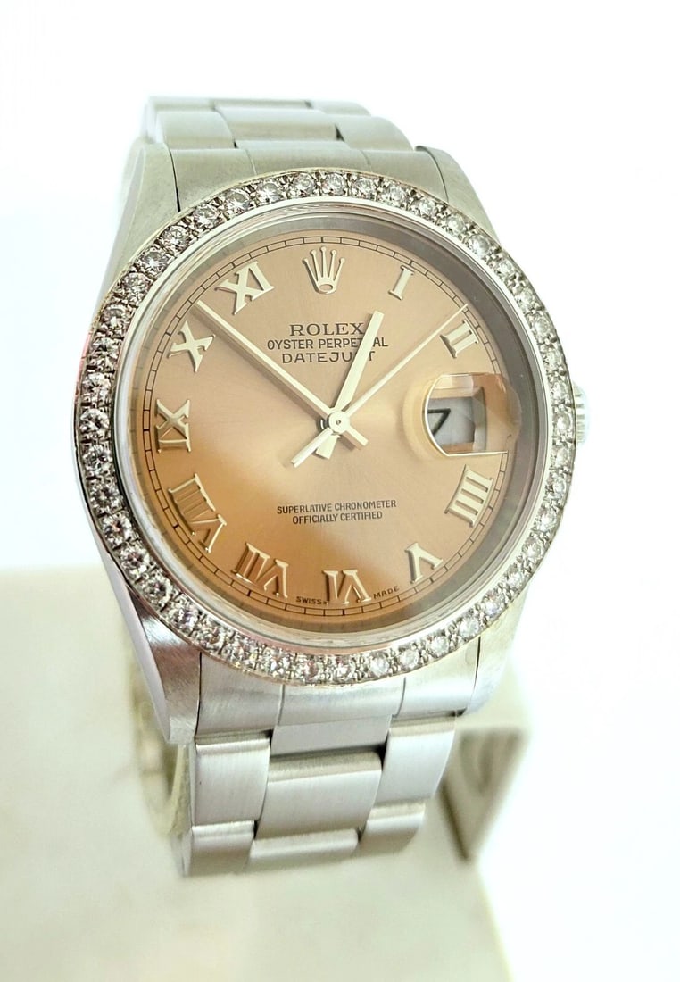 ROLEX DATEJUST Rose Roman Dial Automatic Watch w/DIAMOND BEZEL Ref.16200 c.2001 (1 of 15)