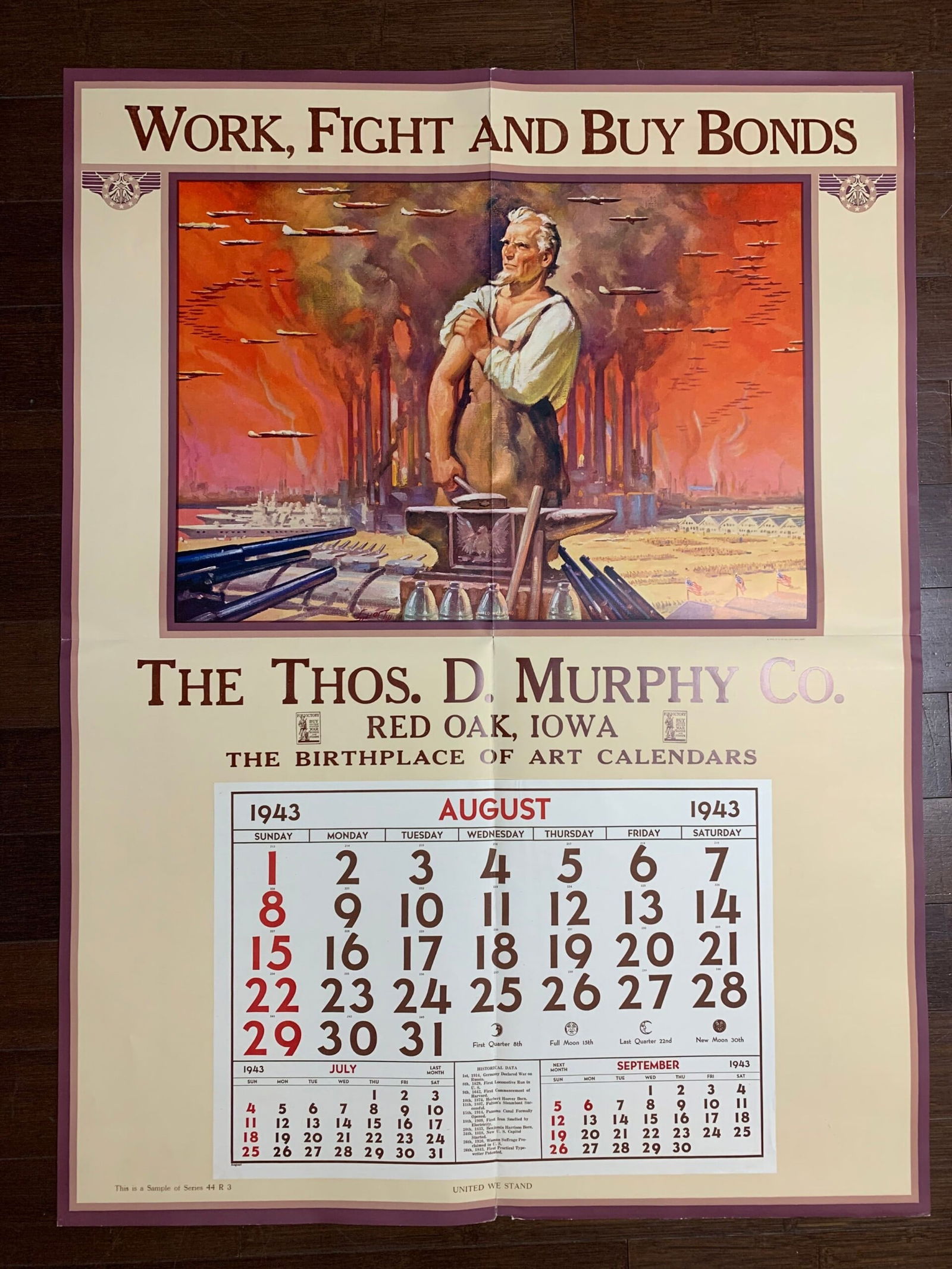 United We Stand Calendar (1943) 36 x 41 Rare US Salesman Sample WWII (1 of 7)