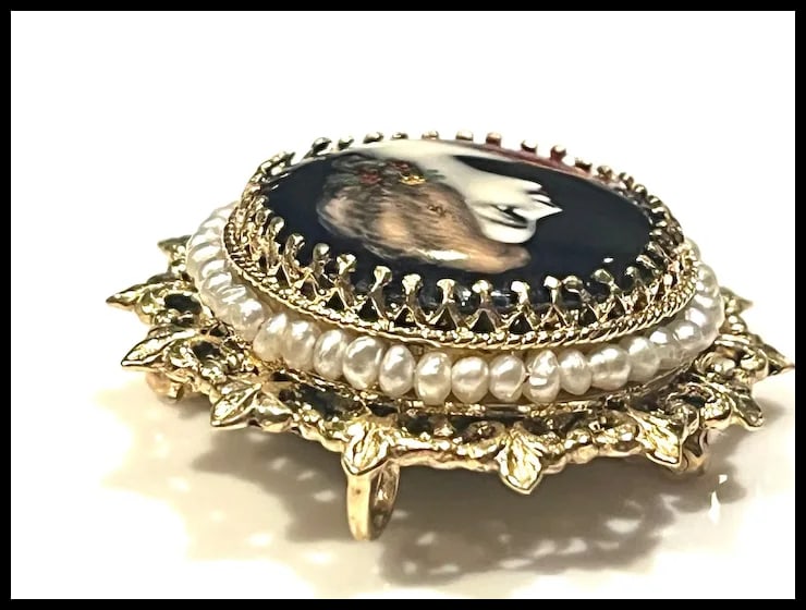 Exquisite Vintage 14k Limoges France Hand Painted Cameo with Seed Pearls - 5