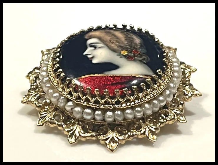 Exquisite Vintage 14k Limoges France Hand Painted Cameo with Seed Pearls - 6