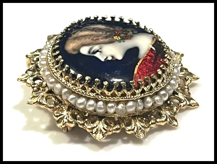 Exquisite Vintage 14k Limoges France Hand Painted Cameo with Seed Pearls - 8