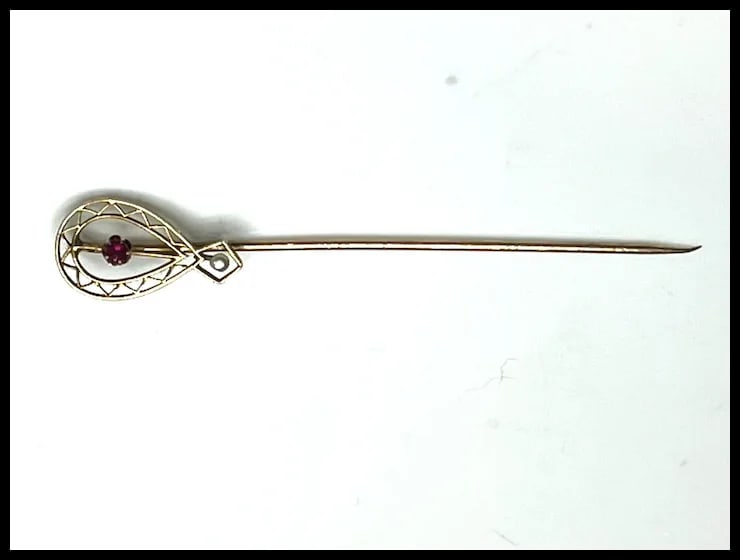 Vintage 14k Gold Ruby and Seed Pearl Filigree Stickpin - 2