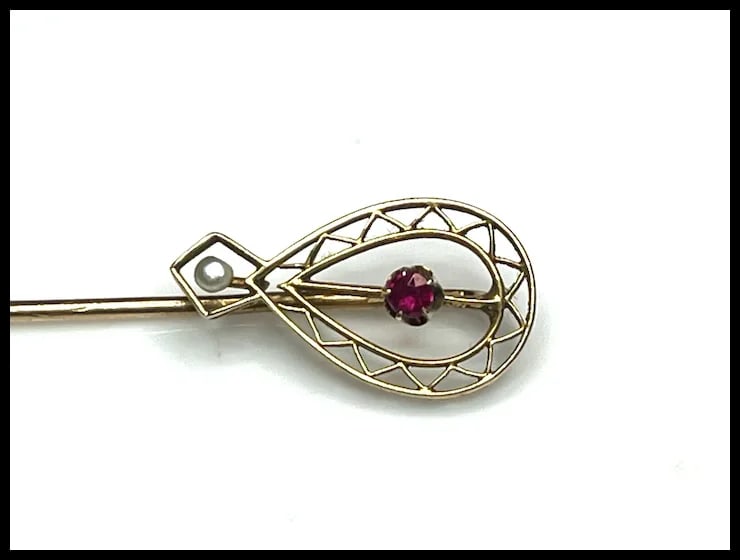 Vintage 14k Gold Ruby and Seed Pearl Filigree Stickpin - 3