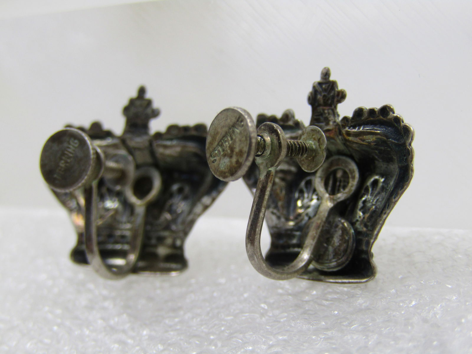 Vintage Sterling Crown Screwback Earrings, 1940's-1950's - 7