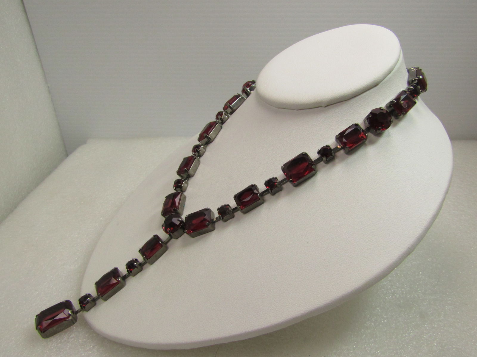 Purple Rhinestone Drop Necklace, Black Metal, 16". 1980's-1990's - 2